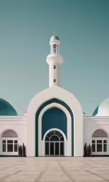 an open - air white and blue - tiled building with dome towers