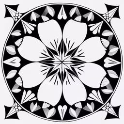 an ornate black and white flower design,an artistically designed flower design in black and white