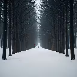 two people walking down a snowy forest lane
