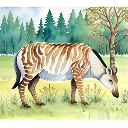 a painting of a zebra grazing in the wild,an art painting with a brown and white striped zebra