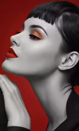 the girl with bright red makeup is posing