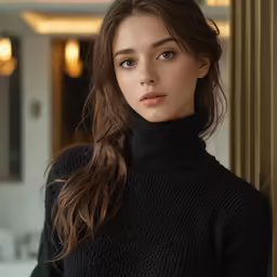 the young girl with brown hair is wearing a black sweater