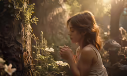 a girl is praying on the ground in a forest