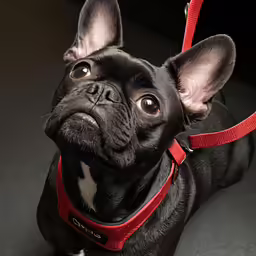 the black dog is being held in a red leash
