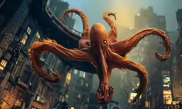 an octopus in the air in the city