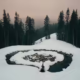 the snow covered pine forest has a circular pool in it