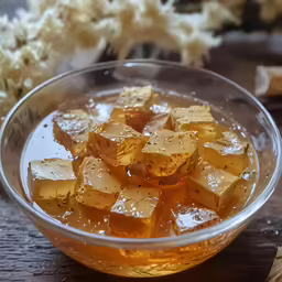 some cubes in a bowl on top of a table