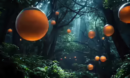 a lot of light floating above a forest