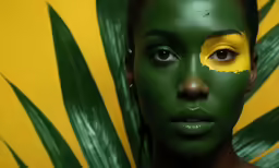 woman with green and yellow face paint wearing fake leaves behind her