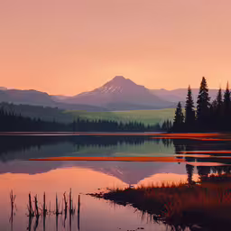 a mountain range is reflected in a body of water,some pine trees and a mountain are reflected in the water