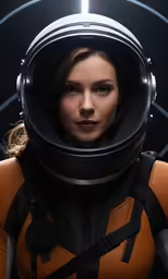 the woman in a space suit is looking at the camera