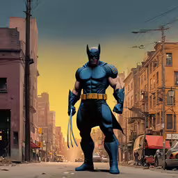 an action character stands in the middle of the street,a man with a hammer stands in the middle of a street