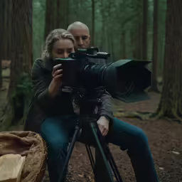 a man sitting on a bench while his camera takes pictures