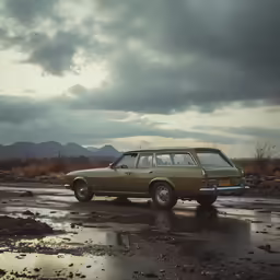 an old car parked on a dirt road near a field