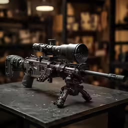 a toy machine gun sits on a workbench