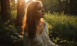 a girl with red eyes is sitting in the forest