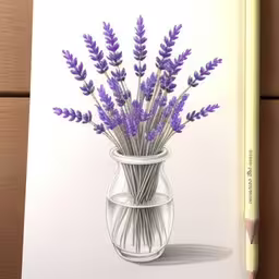 there is an artistic drawing in this picture,a book about plants that are grown in clear vases,a book with an image of a vase filled with lavender flowers,drawing with colored pencils of lavender in a vase,a watercolor pencil drawing of purple flowers in a glass vase