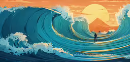 a man stands in the middle of a large wave,a large body of water with an orange sky behind it