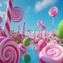 an animation - styled photo of various candy lollipops floating in the air