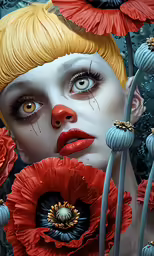 a close up of a woman with big eyes and makeup