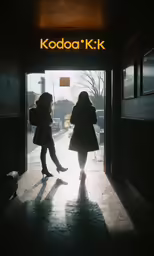 two young women standing outside the entrance to a building