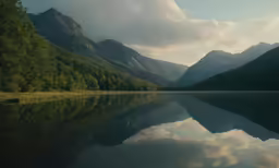 a lake with mountains and a forest in the distance