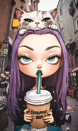 a cartoon with a cat sitting on her head and drinking