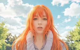 an orange haired woman wearing a collared shirt looks at the camera
