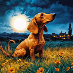 a dachshund sits in the grass watching a moon