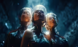 three women are in the background as the image is projected