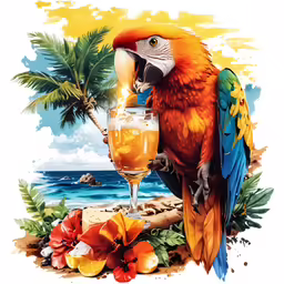 parrot on sandy beach with cocktail glass
