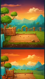 two pictures of a park setting with a tree,two animated scenery with a bench, table and chair in the same set