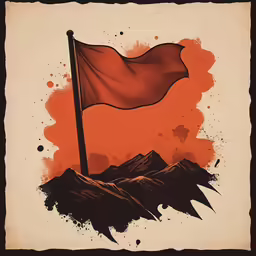 a red flag flying over some mountains on an orange background