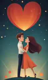 the young couple is holding each other in front of a heart shaped balloon