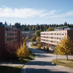 a long, wide road leads down to two large buildings with balconies on them