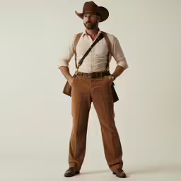 man standing with hands on hips wearing hat and bowtie