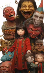 a portrait of five scary heads and three children