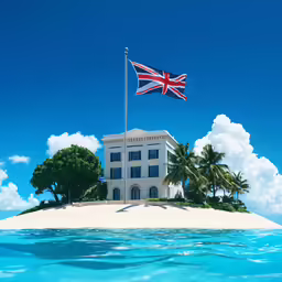 a flag flying on top of a building in the middle of the ocean