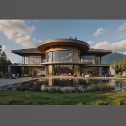 a round building has glass walls in front of a body of water