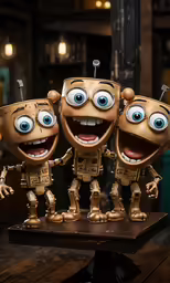 four robots standing side by side with big blue eyes