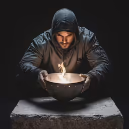 a man lighting a bowl with flame