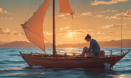 the man is sitting on the sailboat at the shore,a man sitting on the back of a boat in the ocean