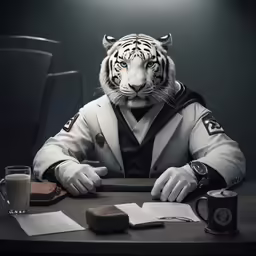a tiger dressed as an officer sitting at a desk