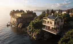 there is a house on an island surrounded by trees