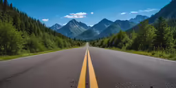 an empty street and forest on a sunny day