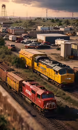 two yellow and red trains traveling on train tracks,a train traveling down tracks near rural countryside