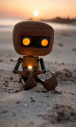 a little toy sitting in the middle of some beach