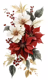 floral arrangement with poinsettias, holly and berries, watercolor painting