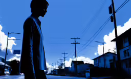 a man standing in the middle of a street under street lights