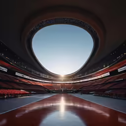 a stadium with rows of seats under a round window